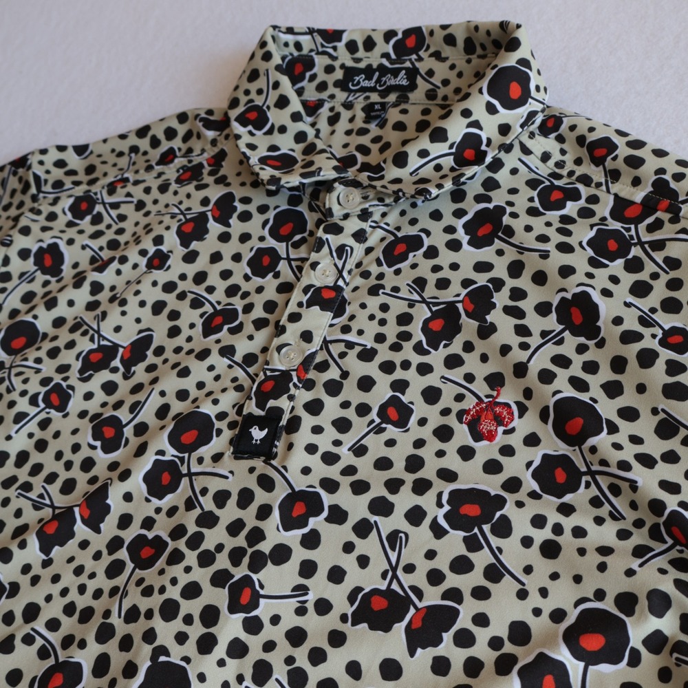 Bad Birdie Golf Polo Shirt Men XL Tan Black Red Floral Cheetah Print Performance